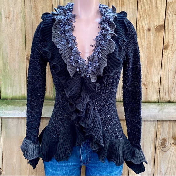 John Fashion Sweater Jackets & Blazers - John Fashion Ruffle Wool Sweater Black/Gray EUC